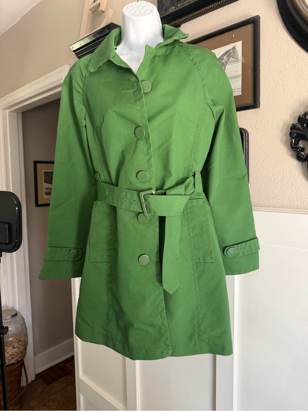 Nine West Green Belted Trench Coat Sz Med k495